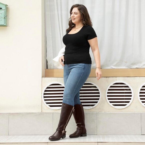 Extra Wide Calf Knee High Riding Brown Boots Double Buckle Retro Chic Style - Picture 4 of 6